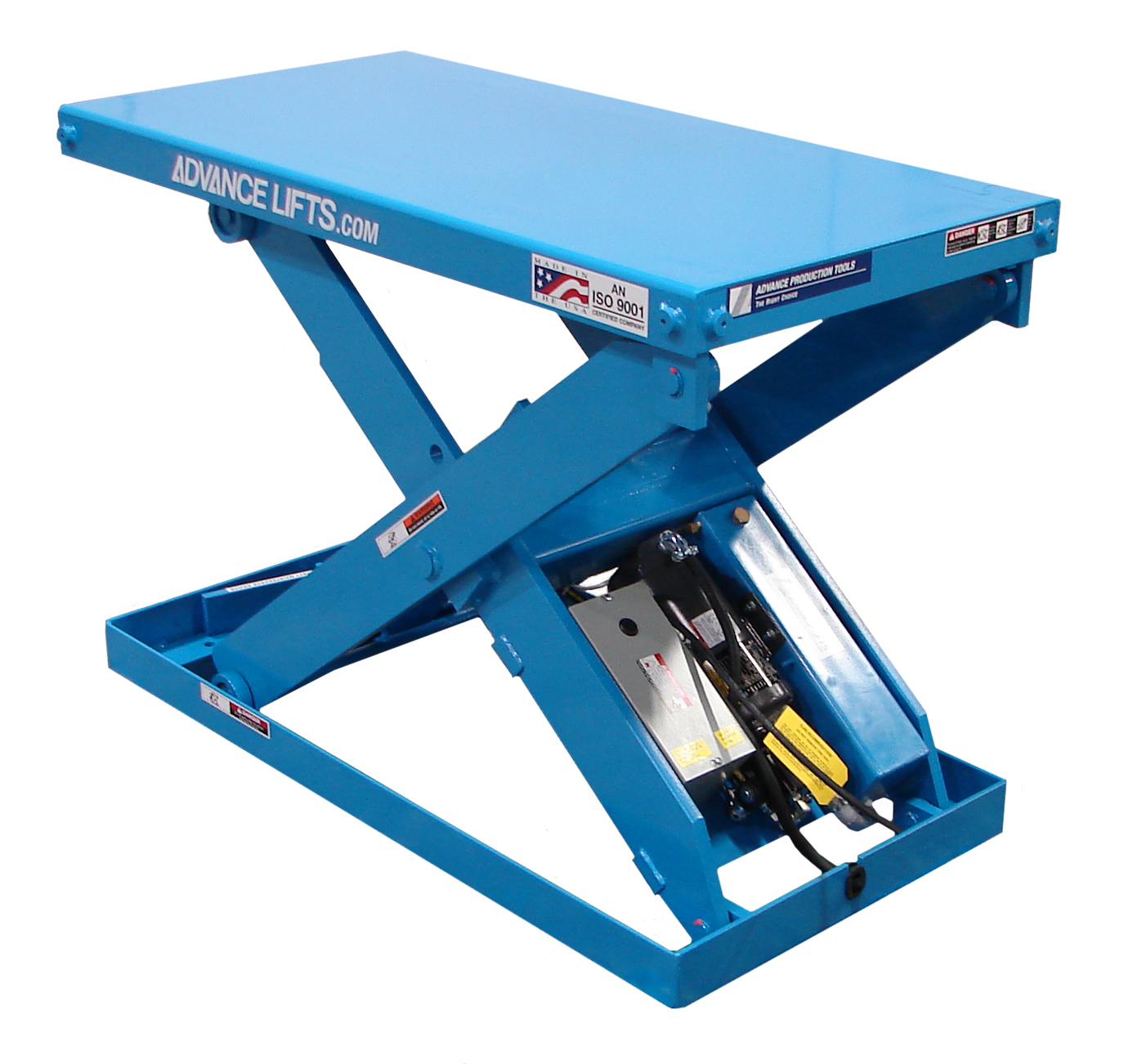 A blue scissor lift with a small table on top.